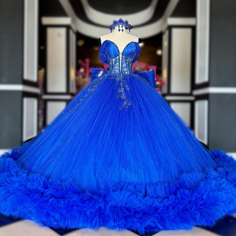 Blue Quinceanera Dresses Lace Beads Bow Tull Tiered Off The Shoulder Girls Birthday Party Prom Gowns Princess 16 Vestidos De 15 Anos