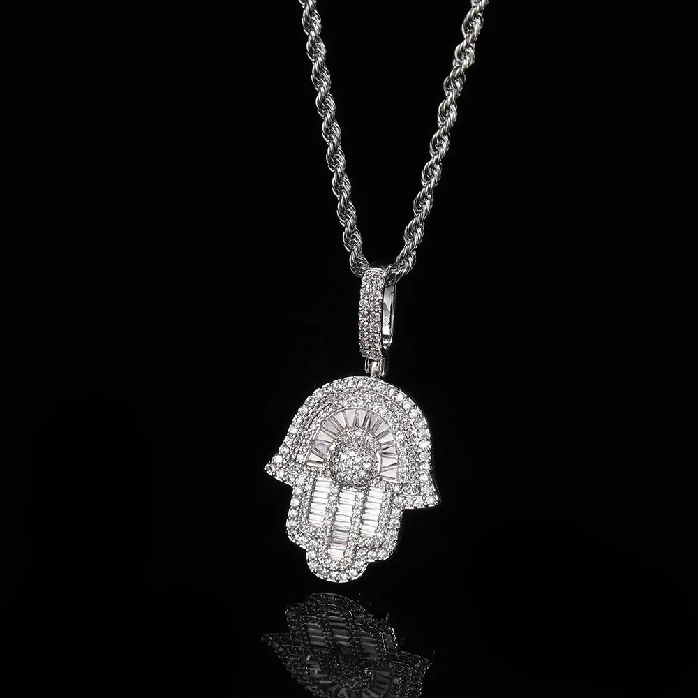 Iced Out 5A CZ Pave Hamsa Hand Fatima Pendant Necklace for Women Men Hip Hop Jewelry 240531