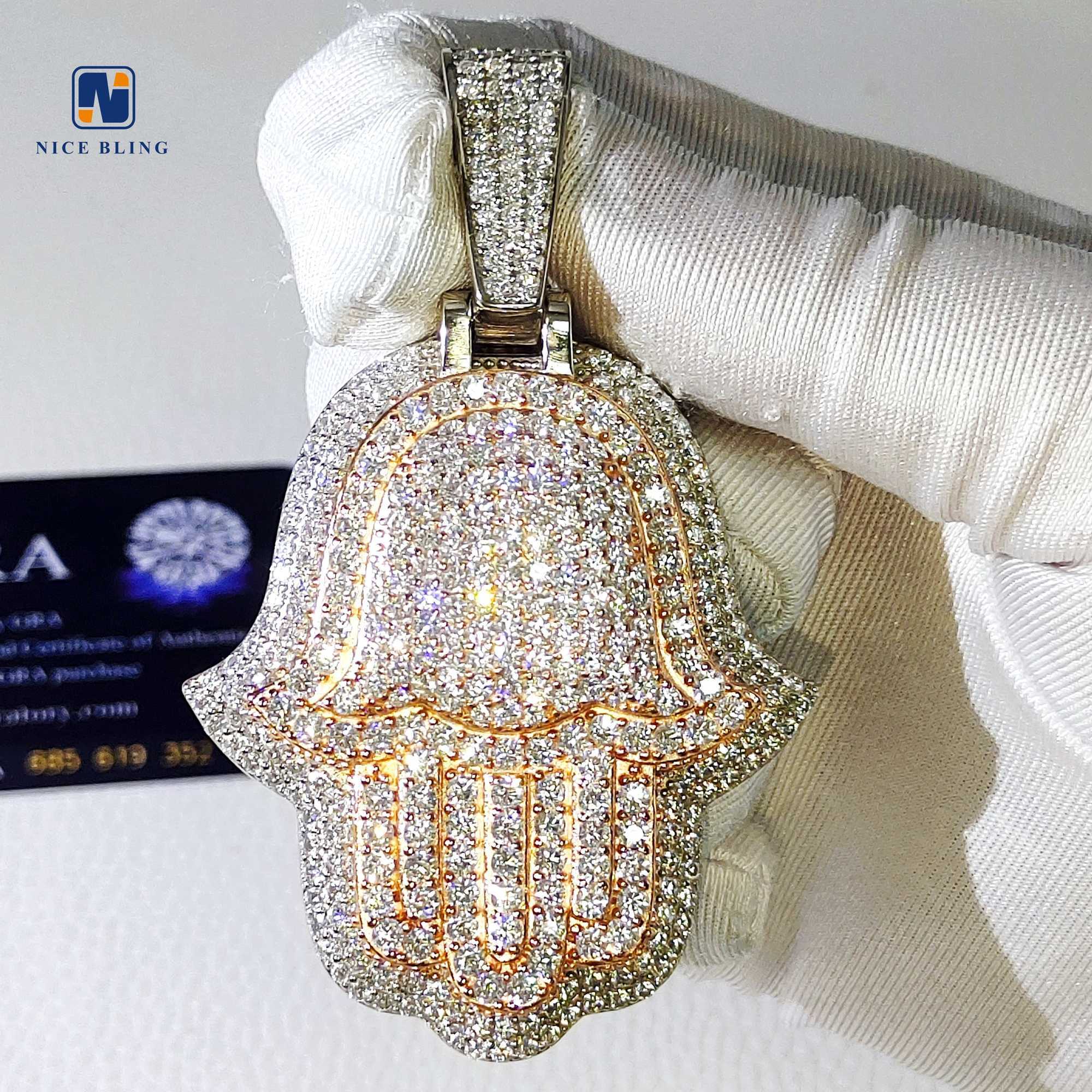 Custom iced out hamsa penadnt teo tone rose and white hip hop fashion moissanite jewelry 925 silver lab diamond hand pendants