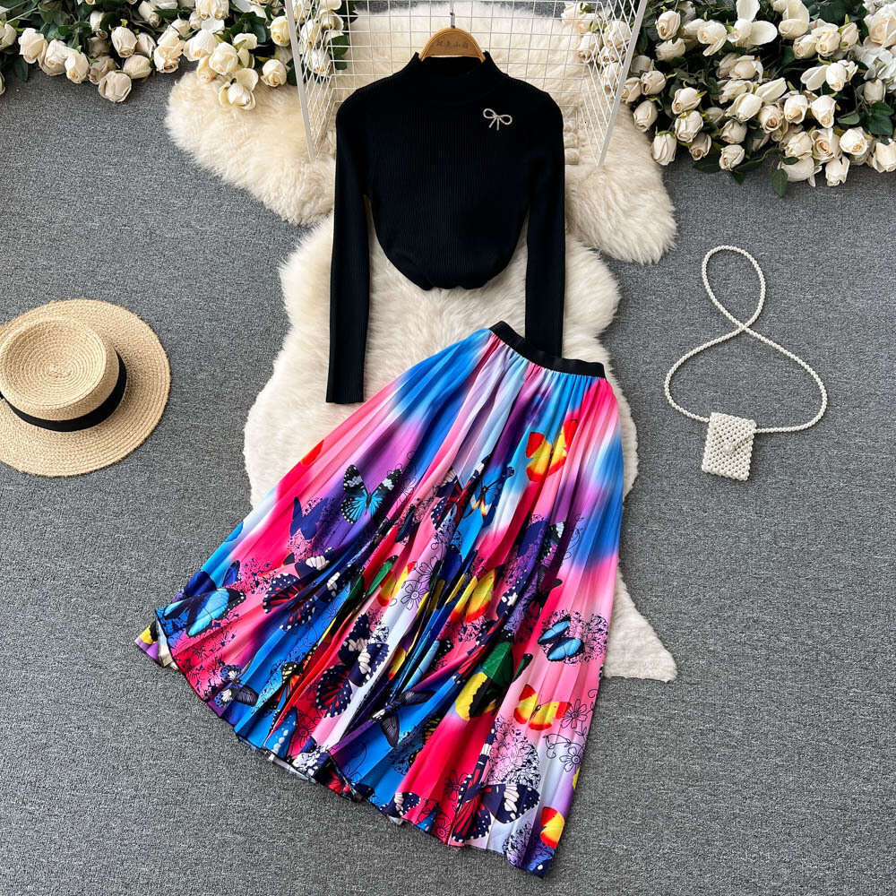 Ethnic Style Two Piece Set Womens Autumn Half High Neck Long Sleeve T-shirt Top Printed Hundred Pleated Half Body Skirt
