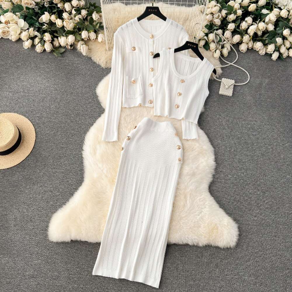Small Fragrant Wind Set for Early Spring Wearing Short Tank Top Versatile Knitted Cardigan Double breasted Half skirt Temperament Three piece Set