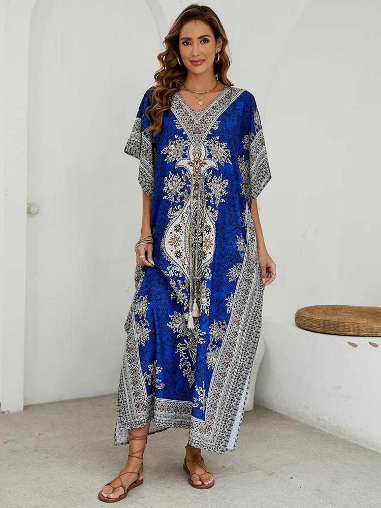 Bohemian V-neck Short Sleeve Beach Smock Dress Women Summer Loose Casual Sunscreen Print Boho Long Dresses For Women 240529