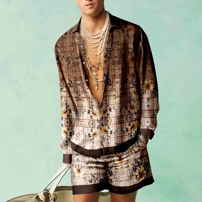 Casual Hawaiian Beach Set Men Outdoor 3D Koi carp print Abstract Long Sleeve Shirt 2Pcs Set of Breathable Loose Beach Shorts Set 240530