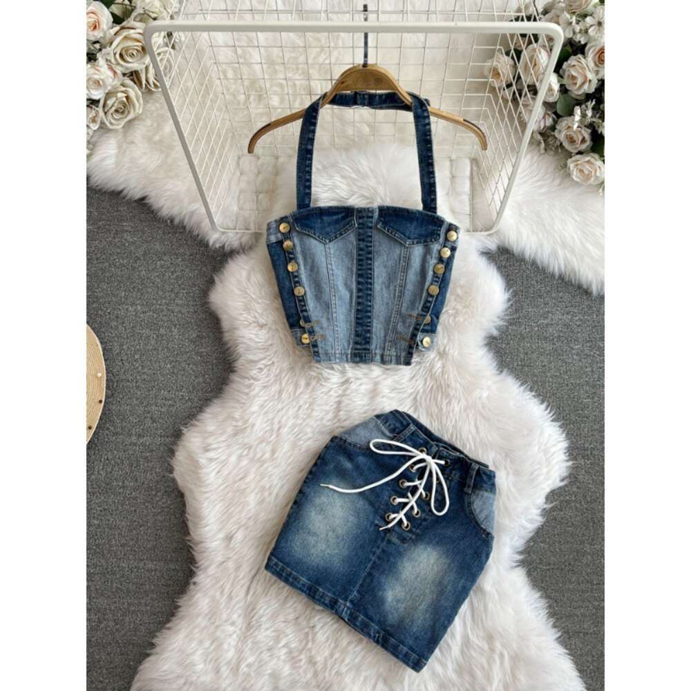 Fashionable set of color blocking spicy girl breasted top two-piece set of high waisted elastic drawstring wrapped buttocks denim skirt
