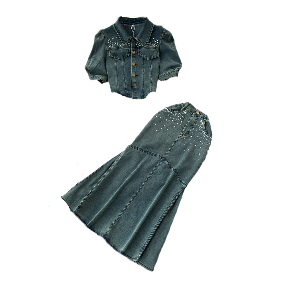 Fashion set womens American short sleeved lapel slim fitting irregular top two-piece high waisted diamond embellished skirt