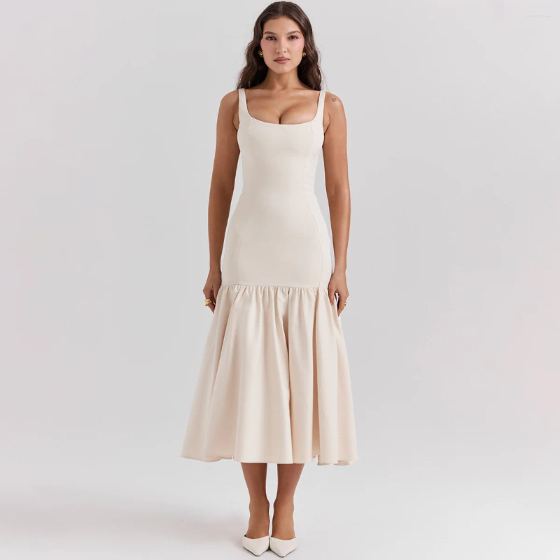 Casual Dresses Summer Sleeveless Evening Long Dress Elegant Solid Sling Pleated Ruffles Hem Maxi Chic Lady Party Robes