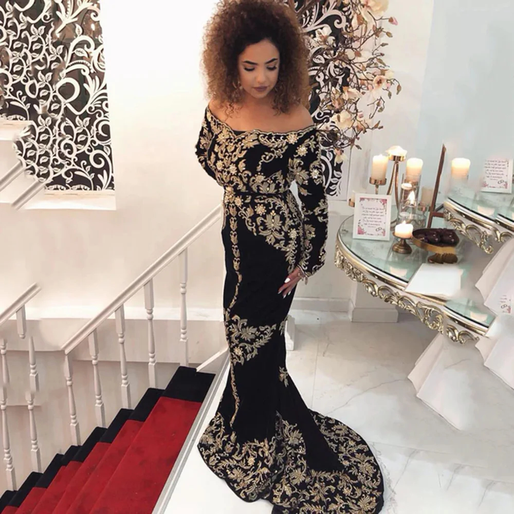 Elegant Arabic Kaftan Mermaid Evening Dresses Long Sleeves Royal Blue Velvet Prom Dress With Gold Lace Appliques Caftan Formal Party Events Gown For W