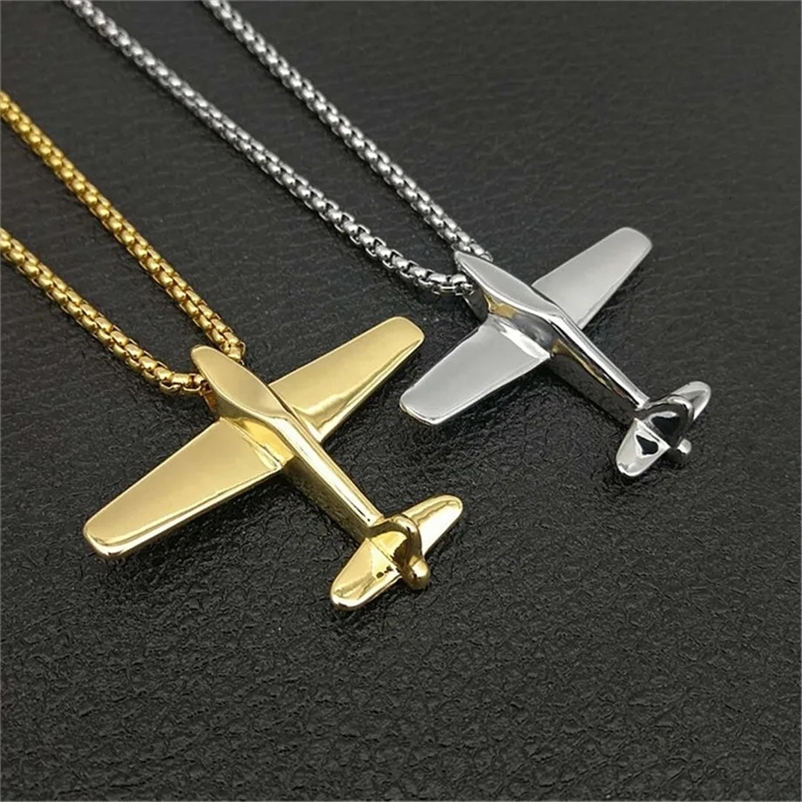 Aircraft Airplane Necklace Pendant With Stainless Steel Chains For Men Gold Color Men's Hip Hop Jewelry Gifts 240119CJ