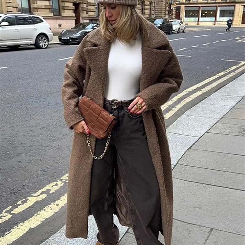 Women's Wool Blends Winter Thicken Warm Woolen Long Coats Women Elegant Long Sleeves Turn-down Collar Jackets Fashion Female Loose Overcoats 2311