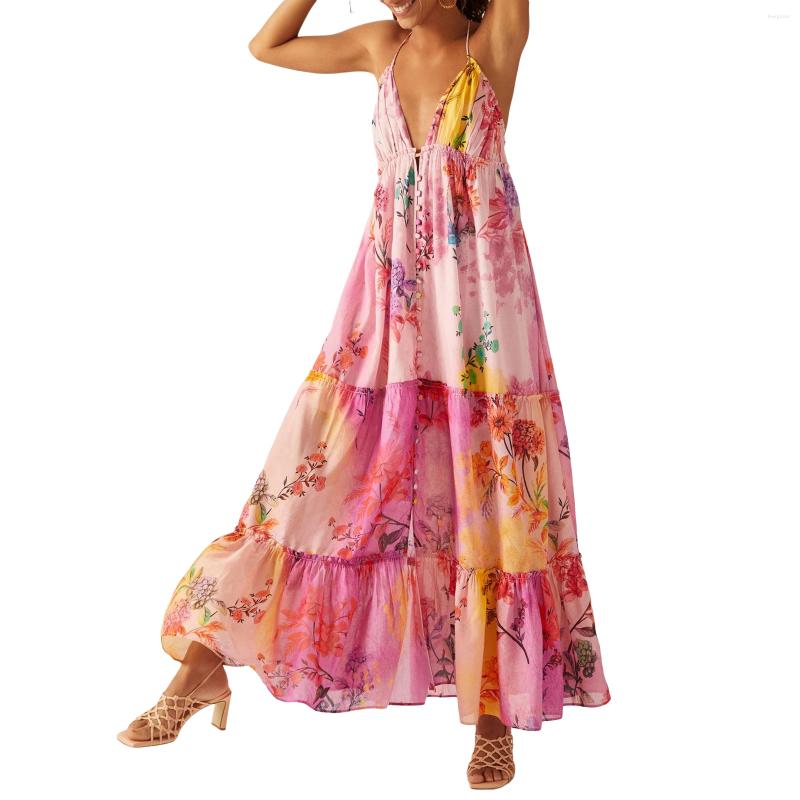 Casual Dresses Women Y2k Floral Print Spaghetti Strap Maxi Dress V Neck Sleeveless Long Boho Flowy Swing