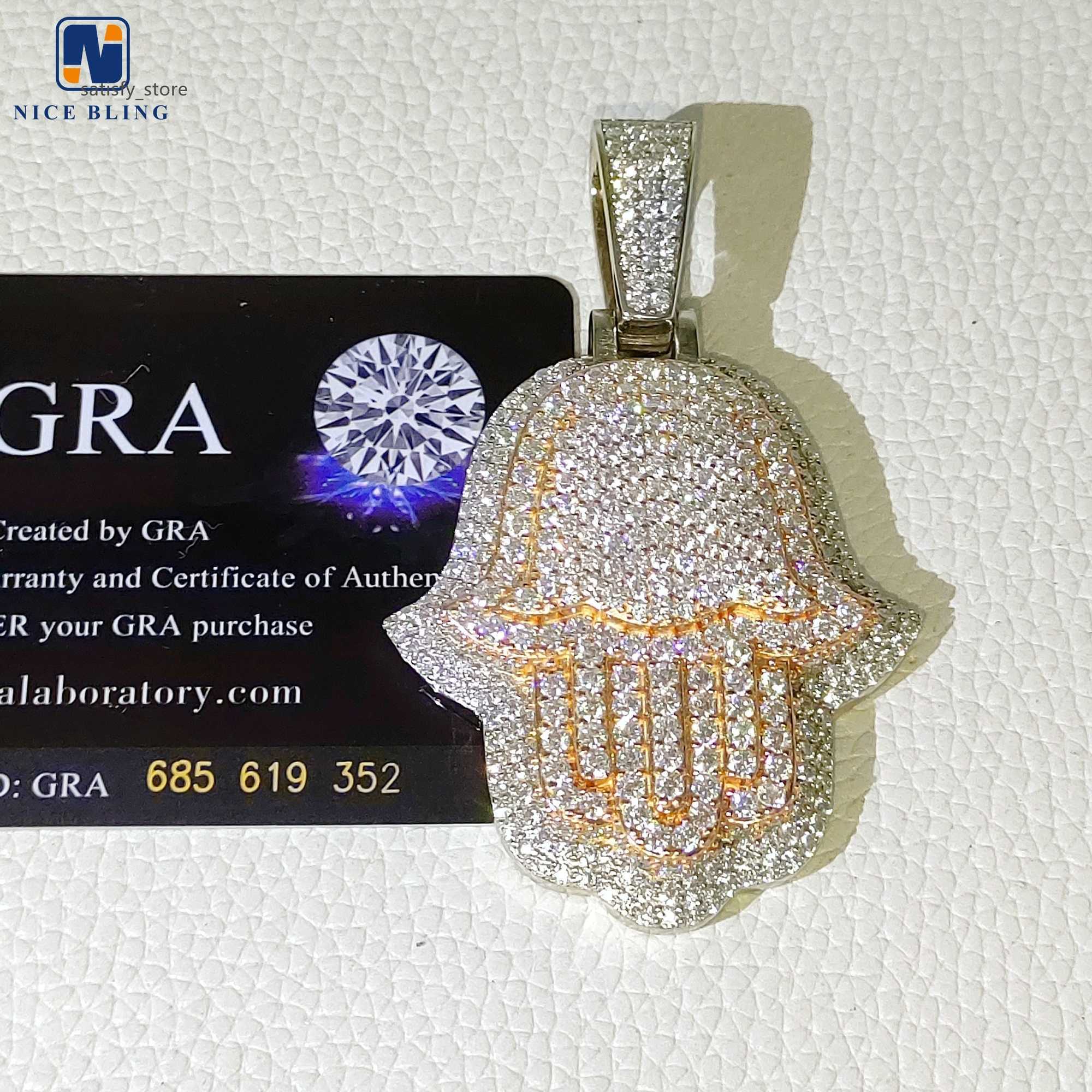 Custom iced out hamsa penadnt teo tone rose and white hip hop fashion moissanite jewelry 925 silver lab diamond hand pendants