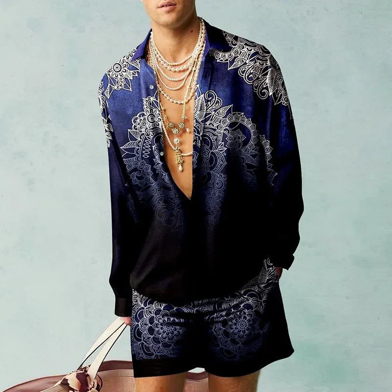 Casual Hawaiian Beach Set Men Outdoor 3D Koi carp print Abstract Long Sleeve Shirt 2Pcs Set of Breathable Loose Beach Shorts Set 240530