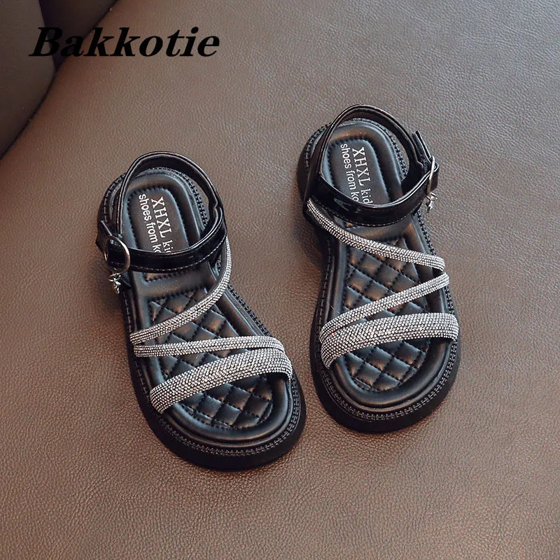 Girls Princess Sandals Summer Baby Kids Flats Fashion Party Dress Beach Shoes Outdoor Toddler Rhinestone White Soft Sole 240524