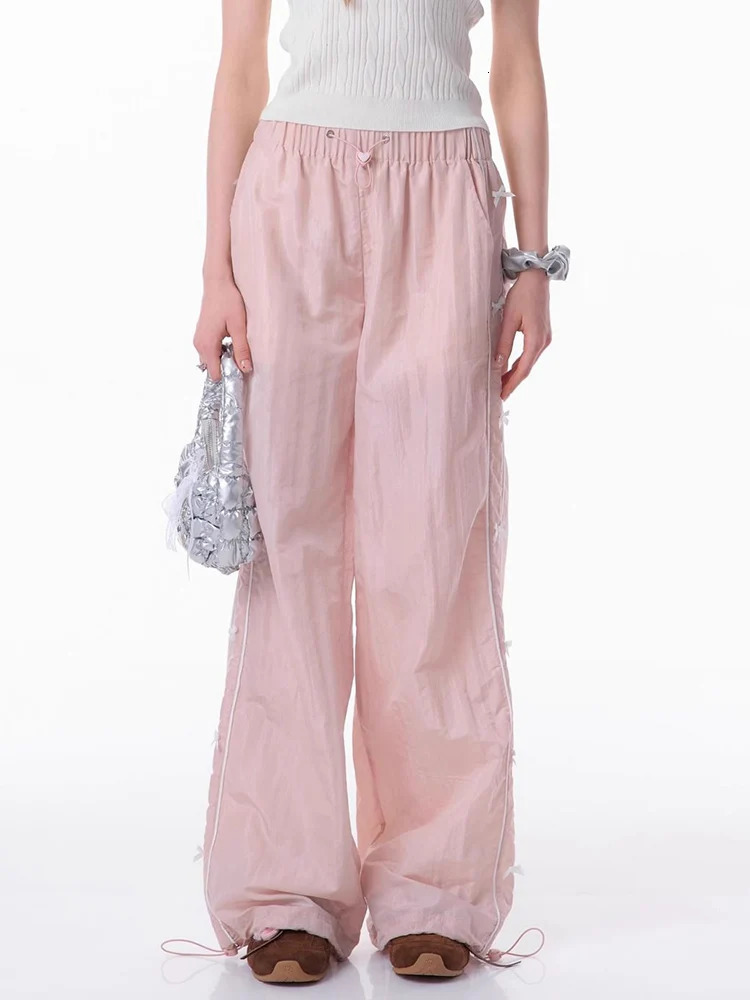 HOUZHOU Y2k Coquette Cargo Pants Women Summer Trousers Drawstring Quick Drying Cute Bow Jogger Wide Leg Sweatpants Streetwear 240530