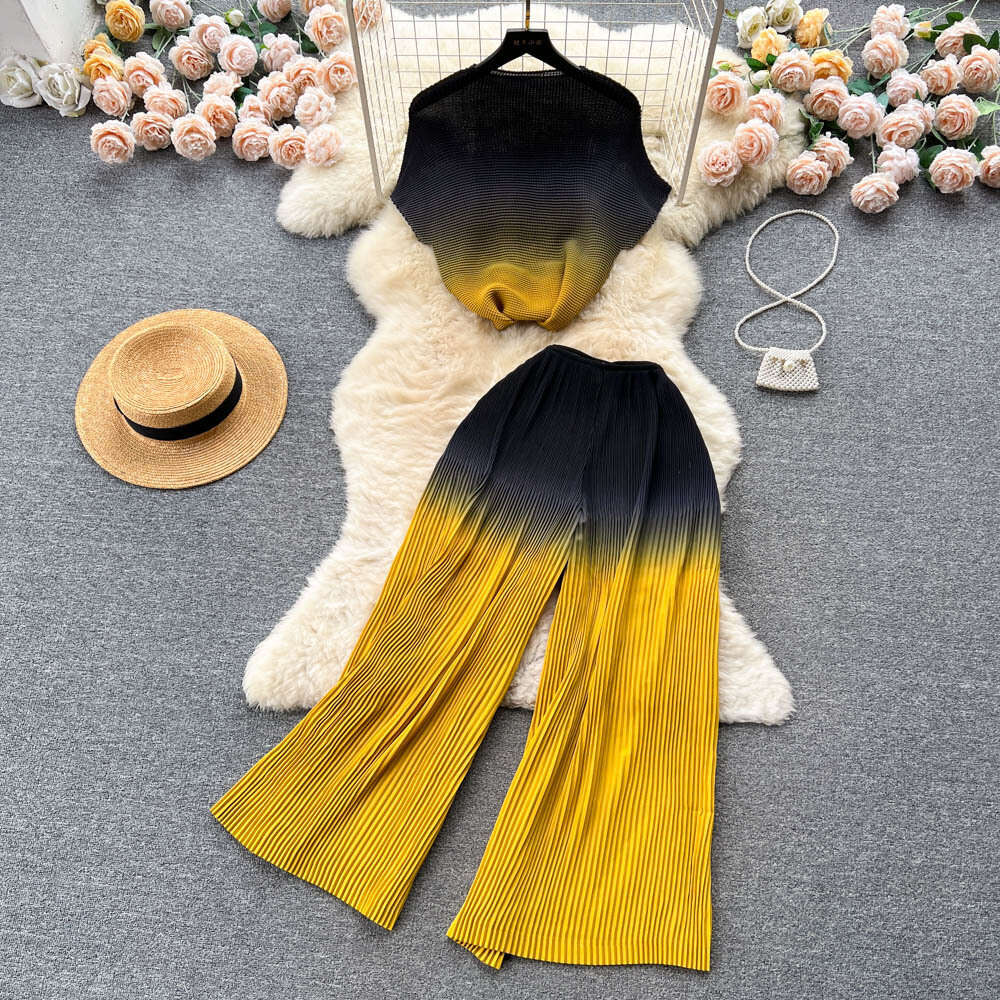 Wind high-end fashion set for womens summer gradient loose shirt top+pleated drape wide leg pants