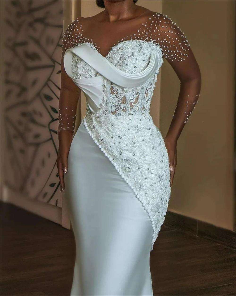 Scoop Neck Appliques Beads Mermaid Wedding Dresses Sweep Train Satin Vestido Noiva Casamento Full Sleeves Bridal Gowns