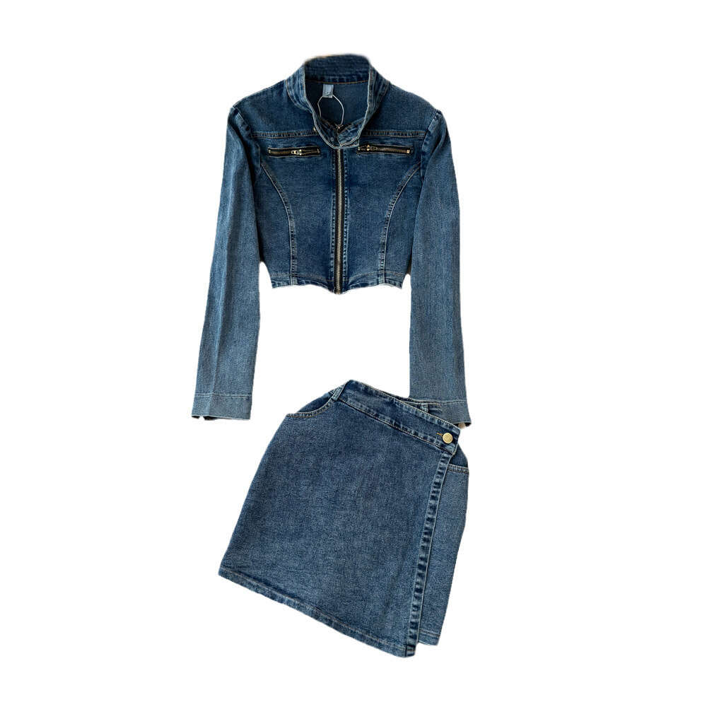 Fashion set for women American street stand up collar denim jacket jacket two-piece high waisted slimming wrap buttocks short skirt
