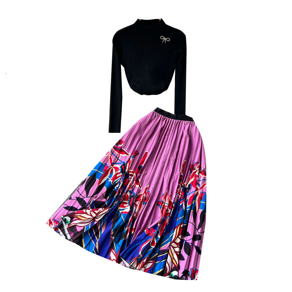 Ethnic Style Two Piece Set Womens Autumn Half High Neck Long Sleeve T-shirt Top Printed Hundred Pleated Half Body Skirt
