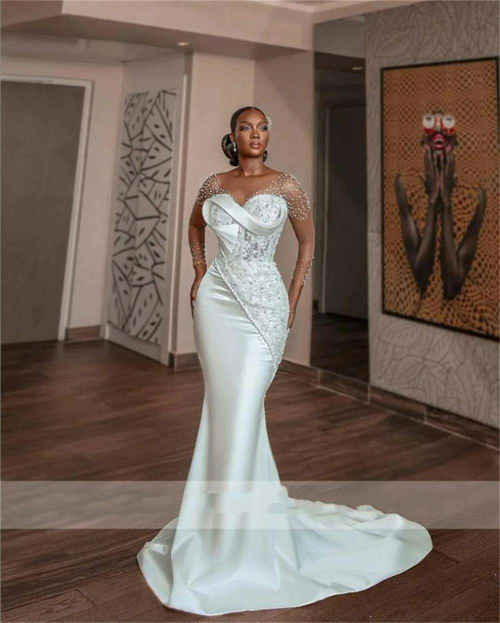 Scoop Neck Appliques Beads Mermaid Wedding Dresses Sweep Train Satin Vestido Noiva Casamento Full Sleeves Bridal Gowns