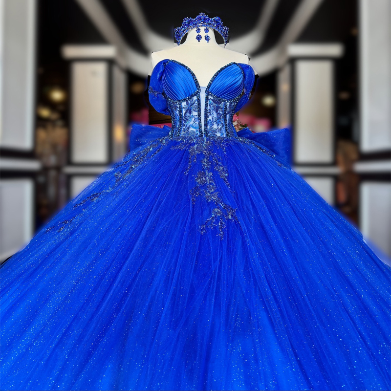 Blue Quinceanera Dresses Lace Beads Bow Tull Tiered Off The Shoulder Girls Birthday Party Prom Gowns Princess 16 Vestidos De 15 Anos