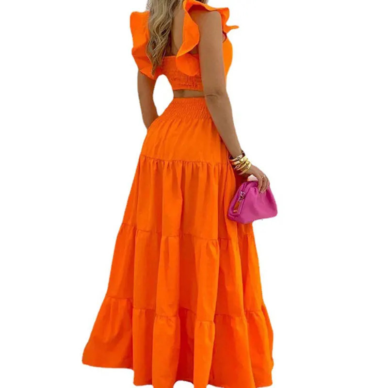 Sexy WomenS Solid Color Mid Rise Suspender Large Swing Skirt Two Piece Fashion Elegant And Pretty Women Dresses Summer Set Dres 240601