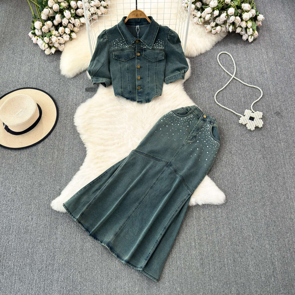Fashion set womens American short sleeved lapel slim fitting irregular top two-piece high waisted diamond embellished skirt