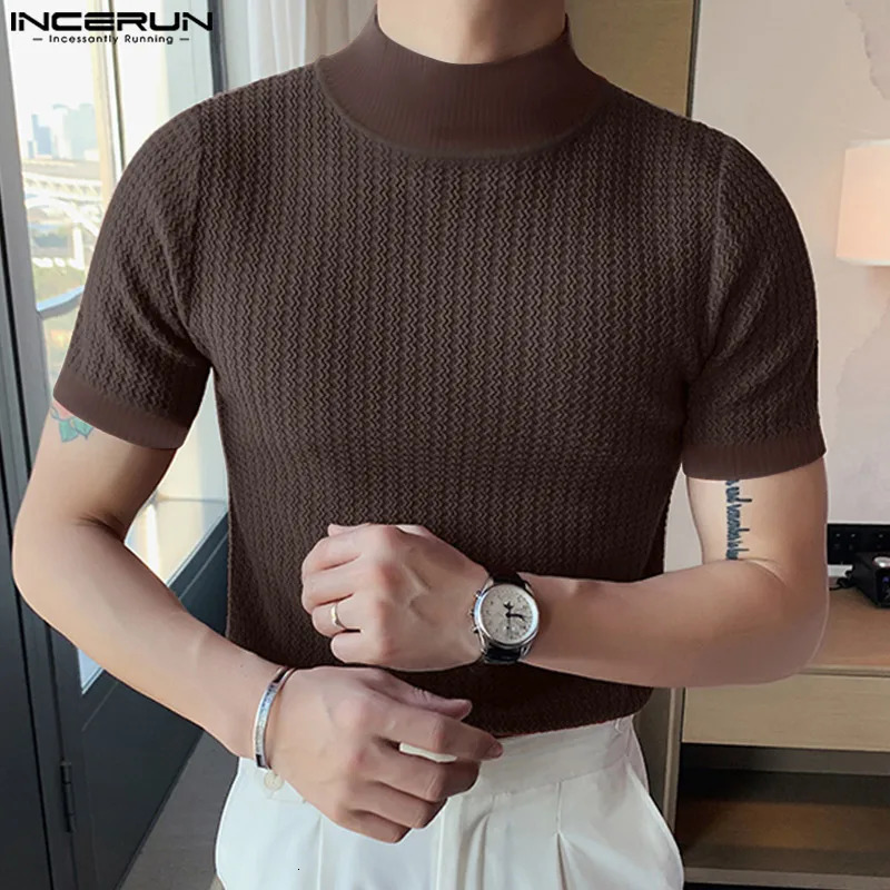 Casual Simple Style Tops INCERUN Men Knitting Pit Strip Camiseta Stylish Solid Half High Collar Short Sleeve T-shirts S-5XL 240530