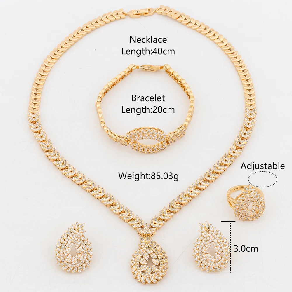 4Pcs Jewelry Sets for Women 40cm Necklaces Earrings Classic Dubai Nigeria Jewelry 18k Gold Plated Trending Zircon Ring Bracelet 240601