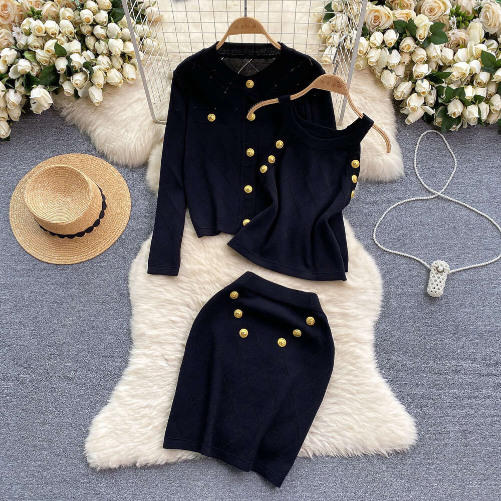 Small Fragrance Set Design Sense Metal Double breasted Hanging Neck Tank Top Knitted Cardigan Versatile Half Skirt Three piece Set Trendy