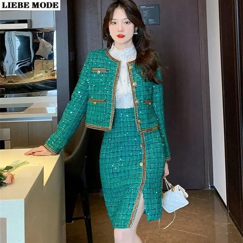 Spring Autumn Women's Green Tweed Blazer Set Office Formal Party Women Sequin Plaid Woolen Jacket and Split Midi Skirt Suit 240109CJ