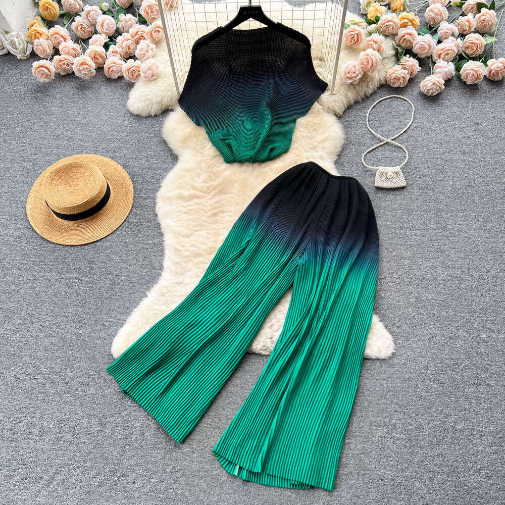 Wind high-end fashion set for womens summer gradient loose shirt top+pleated drape wide leg pants