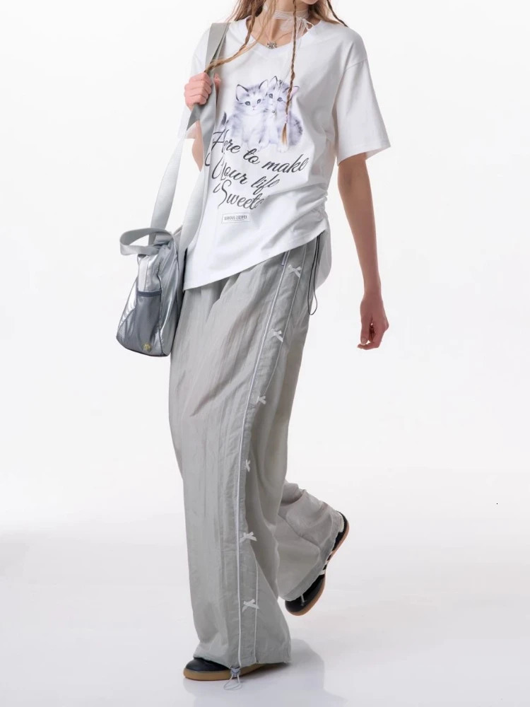 HOUZHOU Y2k Coquette Cargo Pants Women Summer Trousers Drawstring Quick Drying Cute Bow Jogger Wide Leg Sweatpants Streetwear 240530