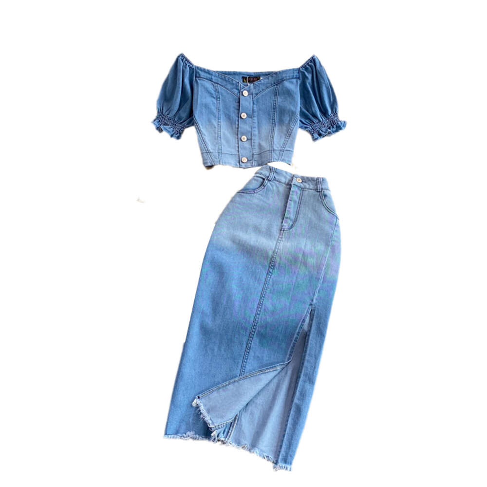 Xia Jians color changing high waist A-line mid long side split denim skirt womens two-piece suit square neck jacket