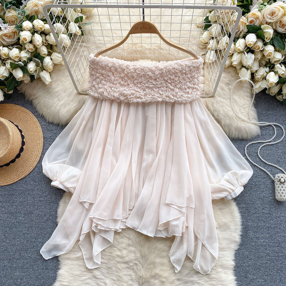 Fairy Top Super Immortal Sweet Heavy Work Wrinkled One Line Neck Off Shoulder Pure Desire French Bubble Sleeves Irregular Chiffon Shirt