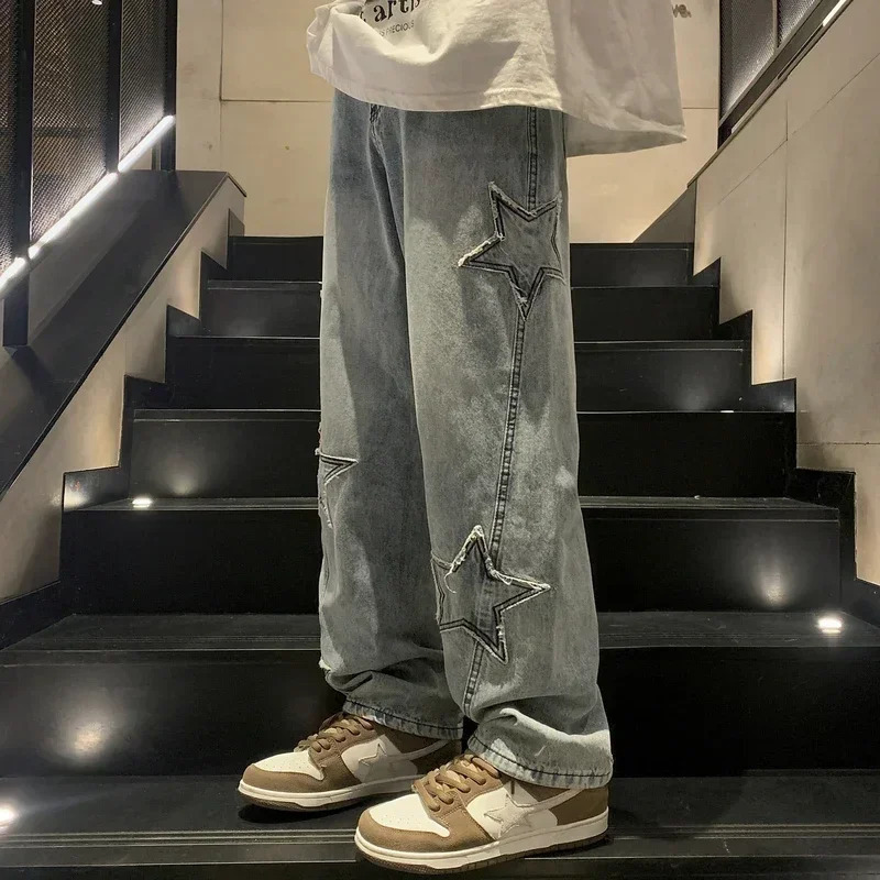 Y2K Vintage Men Korean Blue Streetwear Oversize Star Aesthetic Straight Trousers Wide Leg Jeans Grunge Denim Pants Women Clothes 240527
