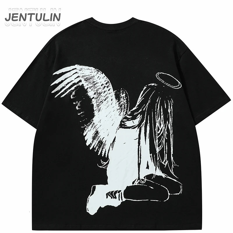 Men Tshirt Streetwear Japanese Harajuku Cartoon Angel Wings Graphic T-Shirt Summer HipHop T Shirt Anime Tops Tee Cotton Y2K 240530