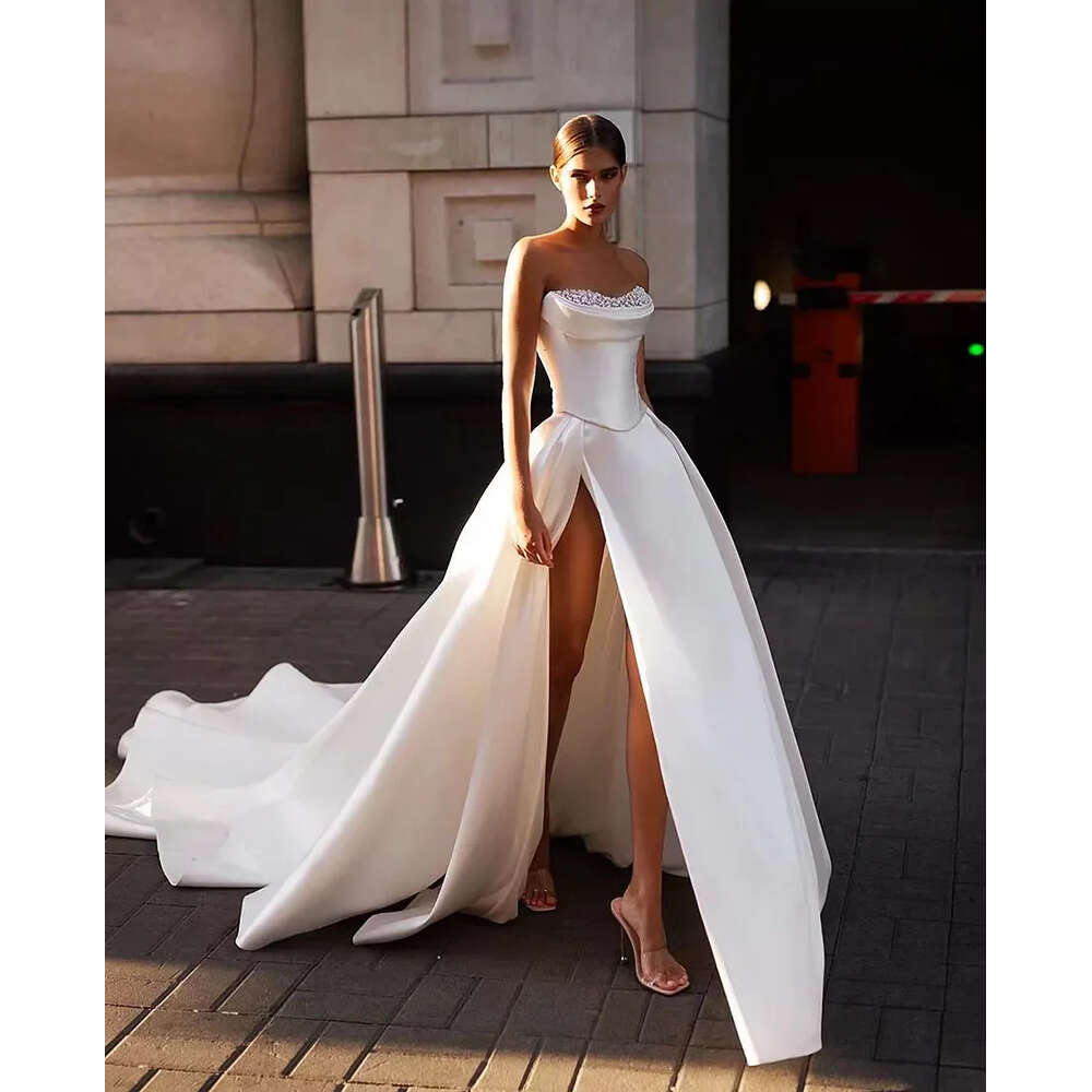 Elegant Pearl Wedding Dresses With Backless Slit A E Ball Gown Strapless Bridal Gowns Back Button Vestido De Novia 0914
