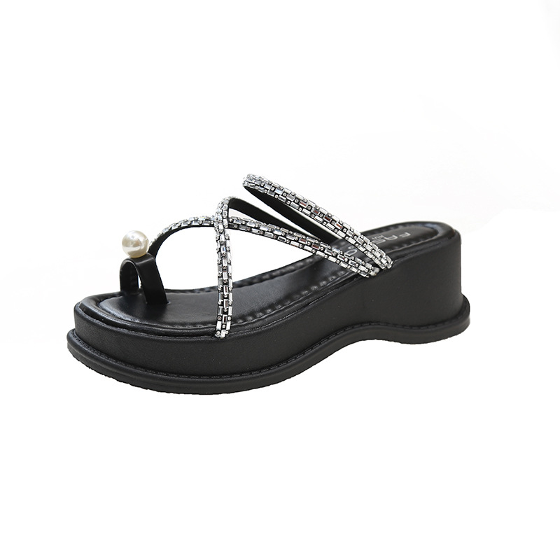 Wind Summer Fashion Small Fairy Cool Slippers Womens Pearl Water Dia Toe Sandals Comfortable Thick Sole Slope Heels Wear Non slip and Free Shipping Lh