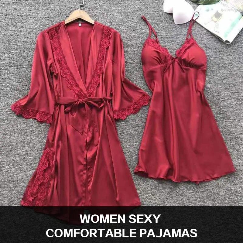 Home Clothing 2pcs Woman Sexy Pamas Sleepwear Lace Robe And Pants Lingerie Bathrobe Silk Satin Clothed Nightwear For Ladies