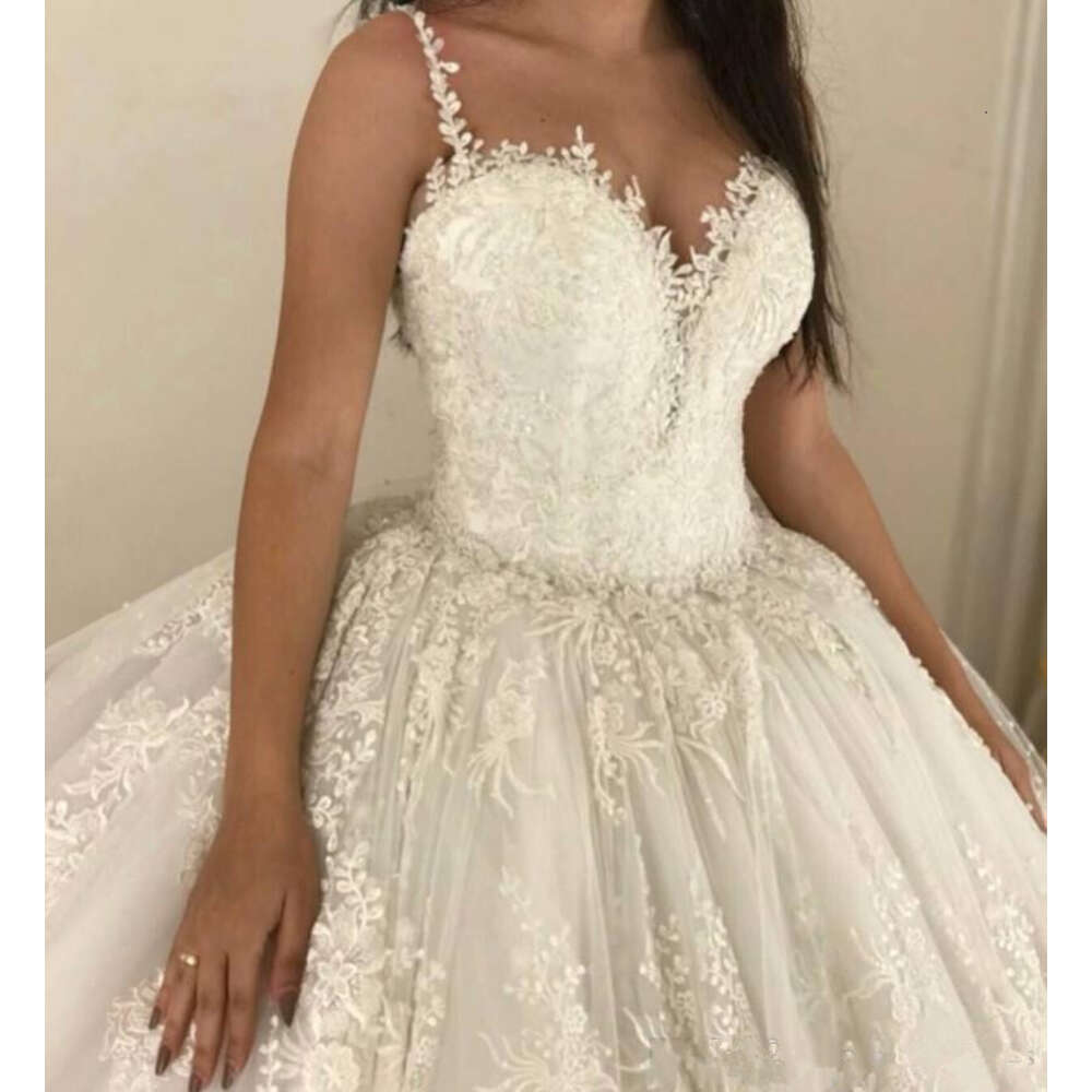Vestido De Novia Ball Gown Dresses Spaghetti Straps Lace Applique Wedding Gowns Sweep Train Bridal Dresse 0914