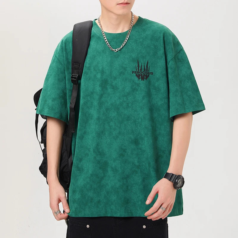 Loose plus Size T-shirt Mens Summer Heavy Washed American Street Trend Hip Hop Style Printed Boys Top Clothes 240527