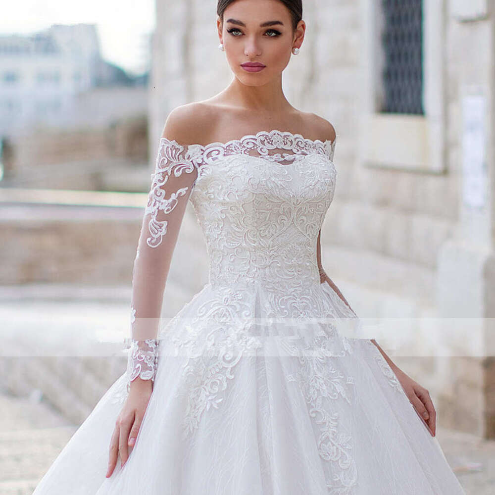 Appliques Sparkly Tulle Ball Wedding Dress Boat Neck Long Sleeve Vintage Bridal Gown Vestidos De Novia 0914