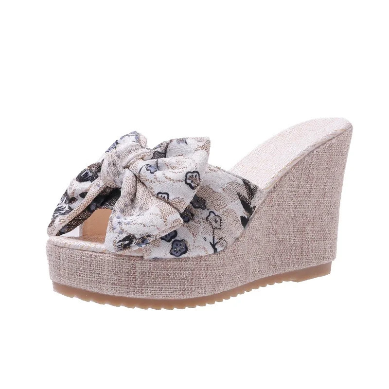 Womens Slide Sweet Bow Womens Open Toe Summer Sexy Flower Shoes High Heel Slide Womens Slide Platform Wedge Shoes 240605