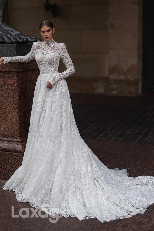 High Neck White Ivory Lace Wedding Dresses Long Sleeves Bridal Gowns For Formal Women Brides Marriage Customer Made Vestido de Novia