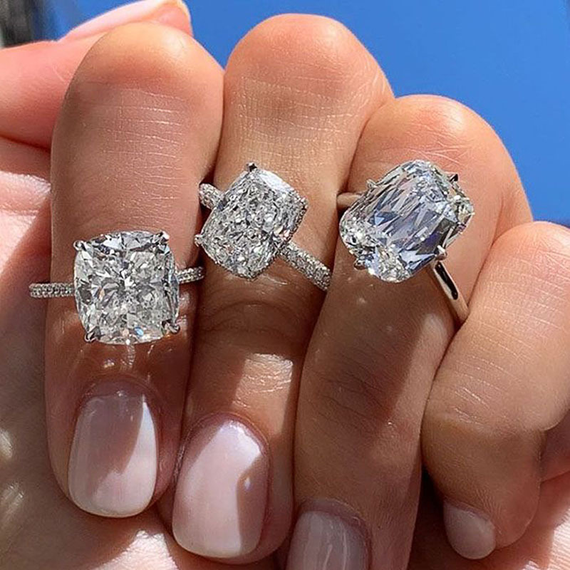 Handmade Classical 4 Claw Wedding Rings Simple Fashion Jewelry Cushion Shape 925 Sterling Silver Fill White Zircon CZ Diamond Party Women Engagement B