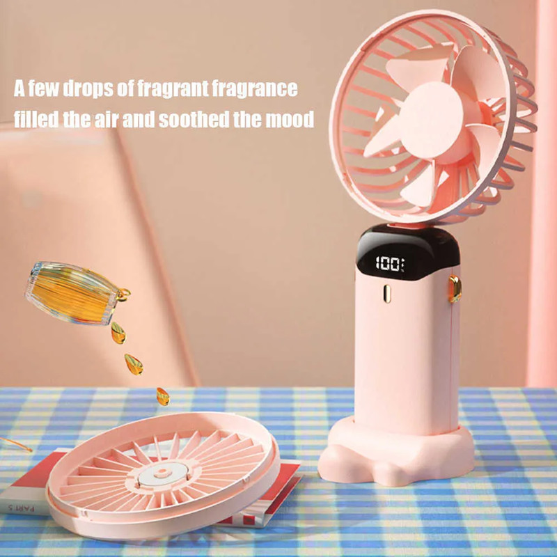 USB Mini Handheld Fan 5-gears Wireless Electric Fan Portable Air Conditioner Rechargeable Desktop Fans Folding Hanging Neck Fan LED Digital Display Fa