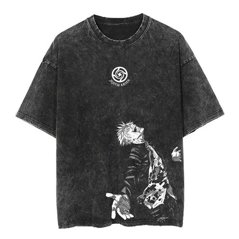 Retro Washed Cotton T-shirt Tops Anime Graphic Tees for Men Women Summer Casual Oversized Tshirt Harajuku Streetwear 240601