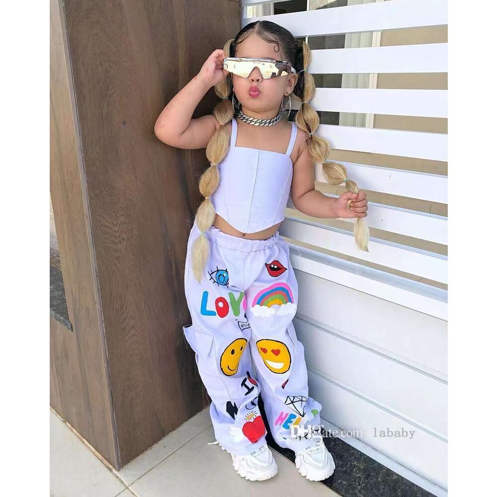 Kids Clothes Baby Girls Tracksuits Summer Two Piece Set Halter Sleeveless Tank Top Vest Casual Loose Wide Leg Trousers 2PCS Pants Sets Suit Outfits 2-7Y