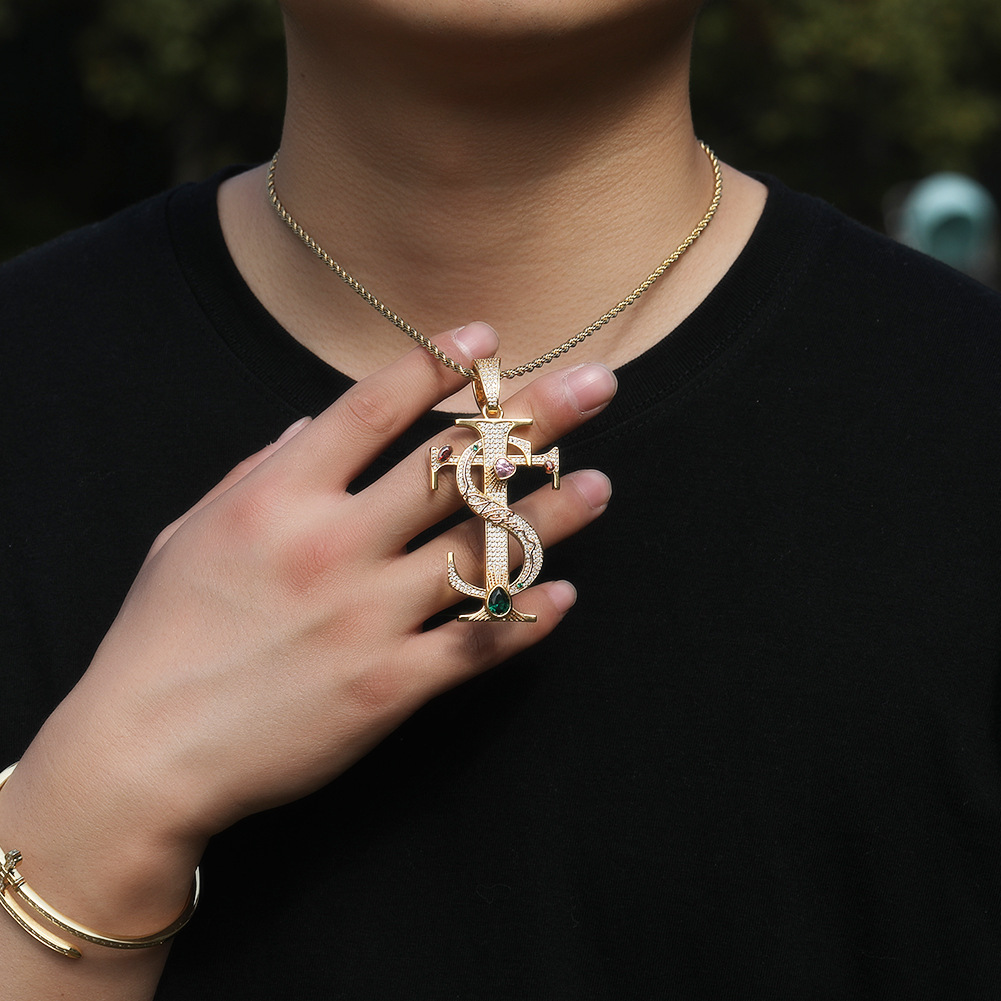 Hip Hop TS Cross Pendant Necklace Colorful 5A Zircon Real Gold Plated Jewelry
