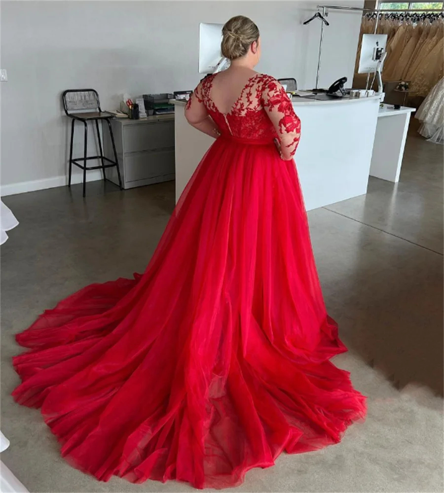 Classic Red And Champagne Mermaid Wedding Dresses with Removeable Train Lace Appliques Long Sleeves Bridal Dress 2024 Plus Size Wedding Gown